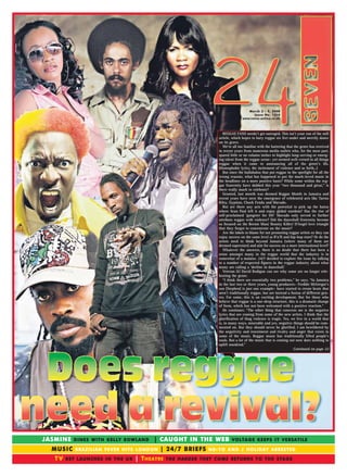 March 3 - 9, 2008
                                                                                           Issue No. 1310
                                                                                     www.voice-online.co.uk




                                                                         REGGAE FANS needn’t get outraged. This isn’t your run of the mill
                                                                      article, which hopes to bury reggae six feet under and merrily dance
                                                                      on its grave.
                                                                         We’re all too familiar with the battering that the genre has received
                                                                      in recent years from numerous media outlets who, for the most part,
                                                                      spared little or no column inches to highlight long-serving or emerg-
                                                                      ing talent from the reggae scene– yet seemed well-versed in all things
                                                                      reggae when it came to announcing all of the genre’s ills.
                                                                      (Homophobic lyrics, the incitement of violence and so forth…)
                                                                         But since the hullabaloo that put reggae in the spotlight for all the
                                                                      wrong reasons, what has happened to put the much-loved music in
                                                                      the headlines on a more positive basis? While some within the reg-
                                                                      gae fraternity have dubbed this year “two thousand and great,” is
                                                                      there really much to celebrate?
                                                                         Granted, last month was deemed Reggae Month in Jamaica and
                                                                      recent years have seen the emergence of celebrated acts like Tarrus
                                                                      Riley, Gyptian, Chuck Fenda and Mavado.
                                                                         But are there any acts with the potential to pick up the baton
                                                                      where Sean Paul left it and enjoy global stardom? Has the rise of
                                                                      self-proclaimed ‘gangster for life’ Mavado only served to further
                                                                      attribute reggae with violence? Did the dancehall fraternity become
                                                                      so focused on the Beenie Man/ Bounty Killer/ D’Angel love triangle
                                                                      that they forgot to concentrate on the music?
                                                                         Are the labels to blame for not promoting reggae artists so they can
                                                                      enjoy success on the same level as R’n’B and hip-hop stars? Or do the
                                                                      artists need to think beyond Jamaica (where many of them are
                                                                      deemed superstars) and aim for success on a more international level?
                                                                         Whatever the answers, there is no doubt that there has been a
                                                                      sense amongst many in the reggae world that the industry is in
                                                                      somewhat of a malaise. 24/7 decided to explore the issue by talking
                                                                      to a number of respected figures in the reggae industry about what
                                                                      many are calling a ‘decline in dancehall.’
                                                                         Veteran DJ David Rodigan can see why some are no longer cele-
                                                                      brating the genre.
                                                                         “I think there are essentially two problems,” he says. “In Jamaica
                                                                      in the last two or three years, young producers– Freddie McGregor's
                                                                      son [Stephen] is just one example– have started to create beats that
                                                                      aren't traditionally reggae, but are instead a fusion of different gen-
                                                                      res. For some, this is an exciting development. But for those who
                                                                      believe that reggae is a one-drop structure, this is a dramatic change
                                                                      of form, which has not been welcomed with a positive reaction.”
                                                                         He continues: “The other thing that concerns me is the negative
                                                                      lyrics that are coming from some of the new artists. I think that the
                                                                      glorification of thug violence is tragic. Yes, we live in a world that
                                                                      is, in many ways, miserable and yes, negative things should be com-
                                                                      mented on. But they should never be glorified. I am bewildered by
                                                                      the negativity and resentment and rivalry and anger that exists in
                                                                      some of the music. Reggae music has traditionally lifted people's
                                                                      souls. But a lot of the music that is coming out now does nothing to
                                                                      uplift mankind.”
                                                                                                                       Continued on page 22




JASMINE                                      | CAUGHT IN THE WEB
           DINES WITH KELLY ROWLAND                                           VOLTAGE KEEPS I T VERSATILE

  MUSIC                                        | 24/7 BRIEFS
            BRAZILIAN FEVER HITS LONDON                           N E- Y O A N D J HOLIDAY ARRESTED

   TV                                  | THEATRE
        B E T LAUNCHES I N T H E U K               T H E HARDER THEY COME RETURNS T O T H E STAGE
 