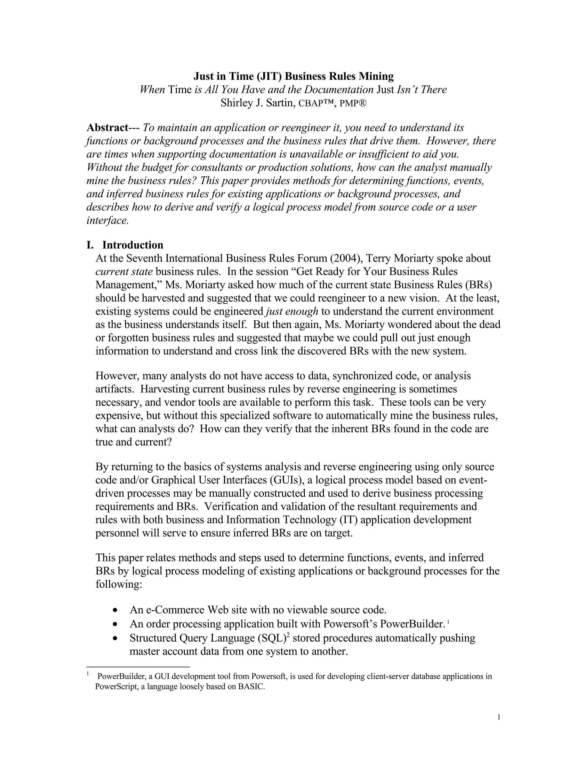 Just in Time (JiT) Business Rules Mining