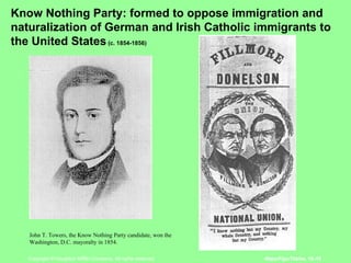 Know Nothing Party: formed to oppose immigration and naturalization of German and Irish Catholic immigrants to the United States  (c. 1854-1856) John T. Towers, the Know Nothing Party candidate, won the Washington, D.C. mayoralty in 1854. 