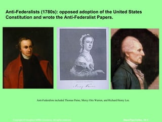 Anti-Federalists (1780s): opposed adoption of the United States Constitution and wrote the Anti-Federalist Papers. Anti-Federalists included Thomas Paine, Mercy Otis Warren, and Richard Henry Lee. 