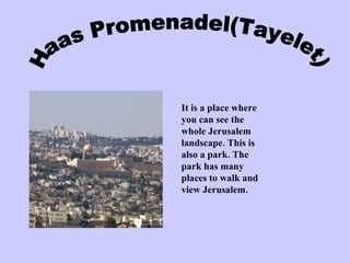 Haas Promenadel(Tayelet) It is a place where you can see the whole Jerusalem landscape. This is also a park. The park has many places to walk and view Jerusalem.  
