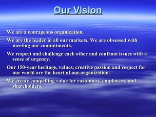 Our Vision We are a courageous organization. We are the leader in all our markets. We are obsessed with meeting our commitments. We respect and challenge each other and confront issues with a sense of urgency. Our 150-year heritage, values, creative passion and respect for our world are the heart of our organization.  We create compelling value for customers, employees, and shareholders. 