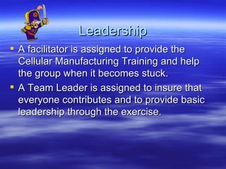 Leadership A facilitator is assigned to provide the Cellular Manufacturing Training and help the group when it becomes stuck. A Team Leader is assigned to insure that everyone contributes and to provide basic leadership through the exercise.  