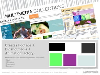 MULTIMEDIA  COLLECTIONS Creatas Footage  /  Bigshotmedia  / AnimationFactory www.creatas.com  www.bigshotmedia.com  www.animationfadctory.com  More than 500 000 animations proposed since 1 996 : Flash HD Videos Powerpoint Banners… 19 