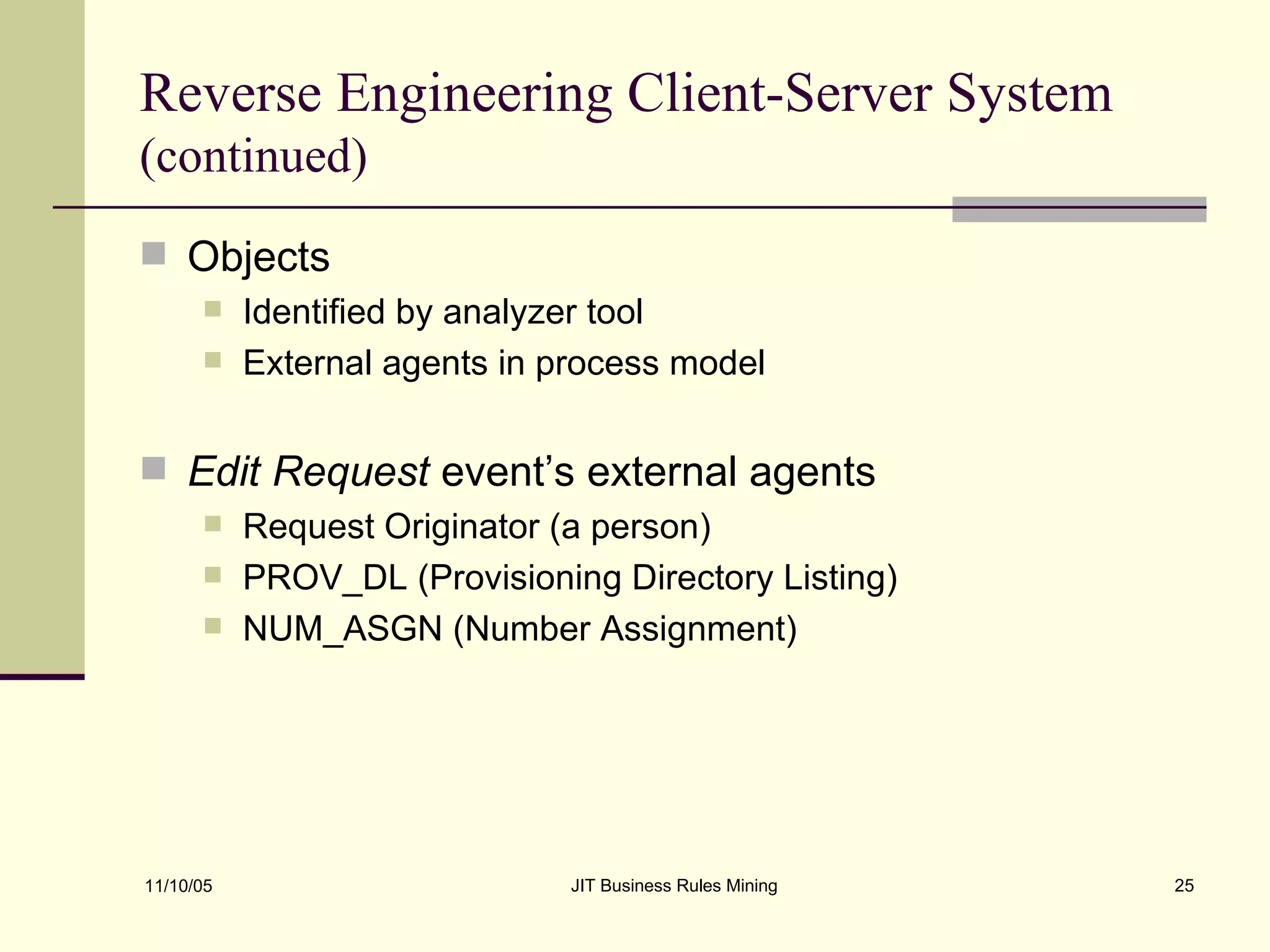 Reverse Engineering Client-Server System  (continued) Objects   Identified by analyzer tool  External agents in process model Edit Request  event’s external agents Request Originator (a person) PROV_DL (Provisioning Directory Listing) NUM_ASGN (Number Assignment) 