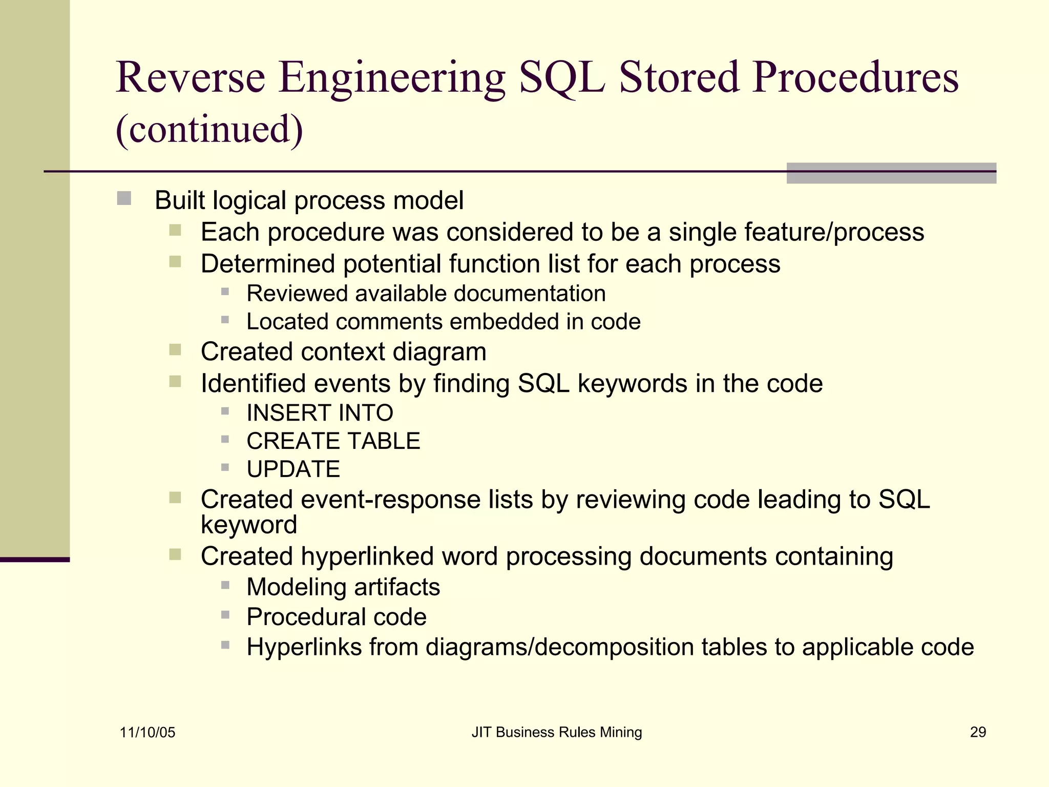 Reverse Engineering SQL Stored Procedures  (continued) Built logical process model Each procedure was considered to be a single feature/process Determined potential function list for each process Reviewed available documentation Located comments embedded in code Created context diagram Identified events by finding SQL keywords in the code INSERT INTO CREATE TABLE UPDATE Created event-response lists by reviewing code leading to SQL keyword Created hyperlinked word processing documents containing Modeling artifacts Procedural code Hyperlinks from diagrams/decomposition tables to applicable code 