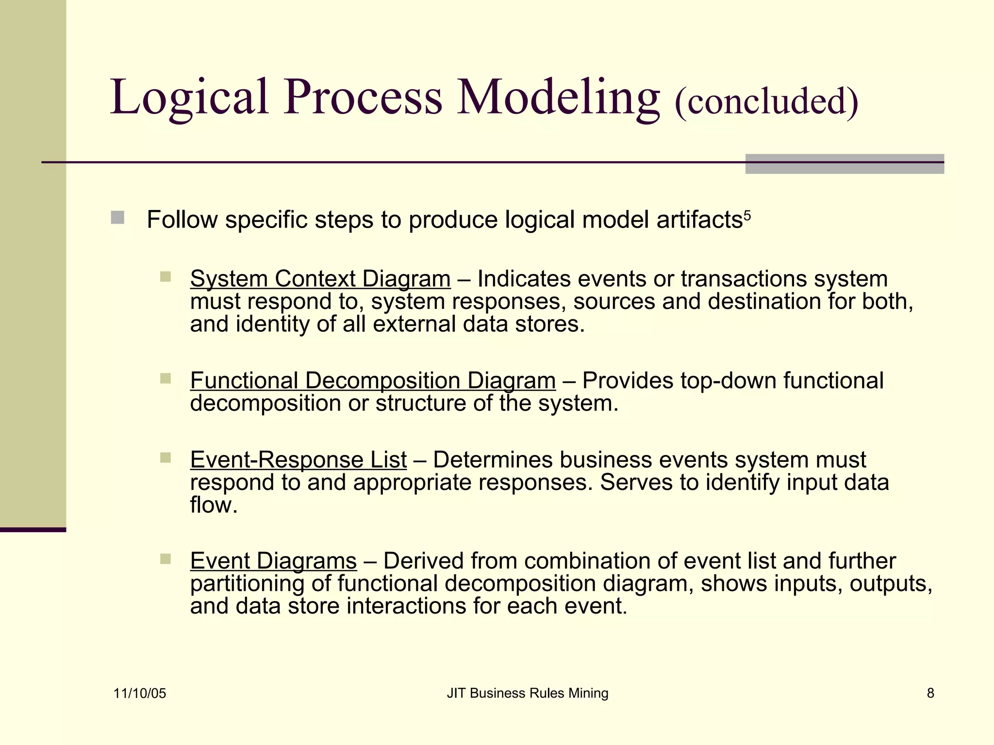 Logical Process Modeling  (concluded) Follow specific steps to produce logical model artifacts 5 System Context Diagram  – Indicates events or transactions system must respond to, system responses, sources and destination for both, and identity of all external data stores. Functional Decomposition Diagram  – Provides top-down functional decomposition or structure of the system.  Event-Response List  – Determines business events system must respond to and appropriate responses. Serves to identify input data flow. Event Diagrams  – Derived from combination of event list and further partitioning of functional decomposition diagram, shows inputs, outputs, and data store interactions for each event . 