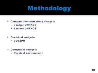 Comparative case study analysis 6 major UNPKOS 2 minor UNPKOS  Doctrinal analysis COESPU Geospatial analysis Physical environment 