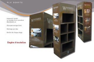 Etagère à bouteilles
P L V G E A N T E
Impression quadri
sur double-micro cannelure
80x200x40 cm
Découpe+rainage Zünd
Montage par clips
Renfort de chaque étage
 