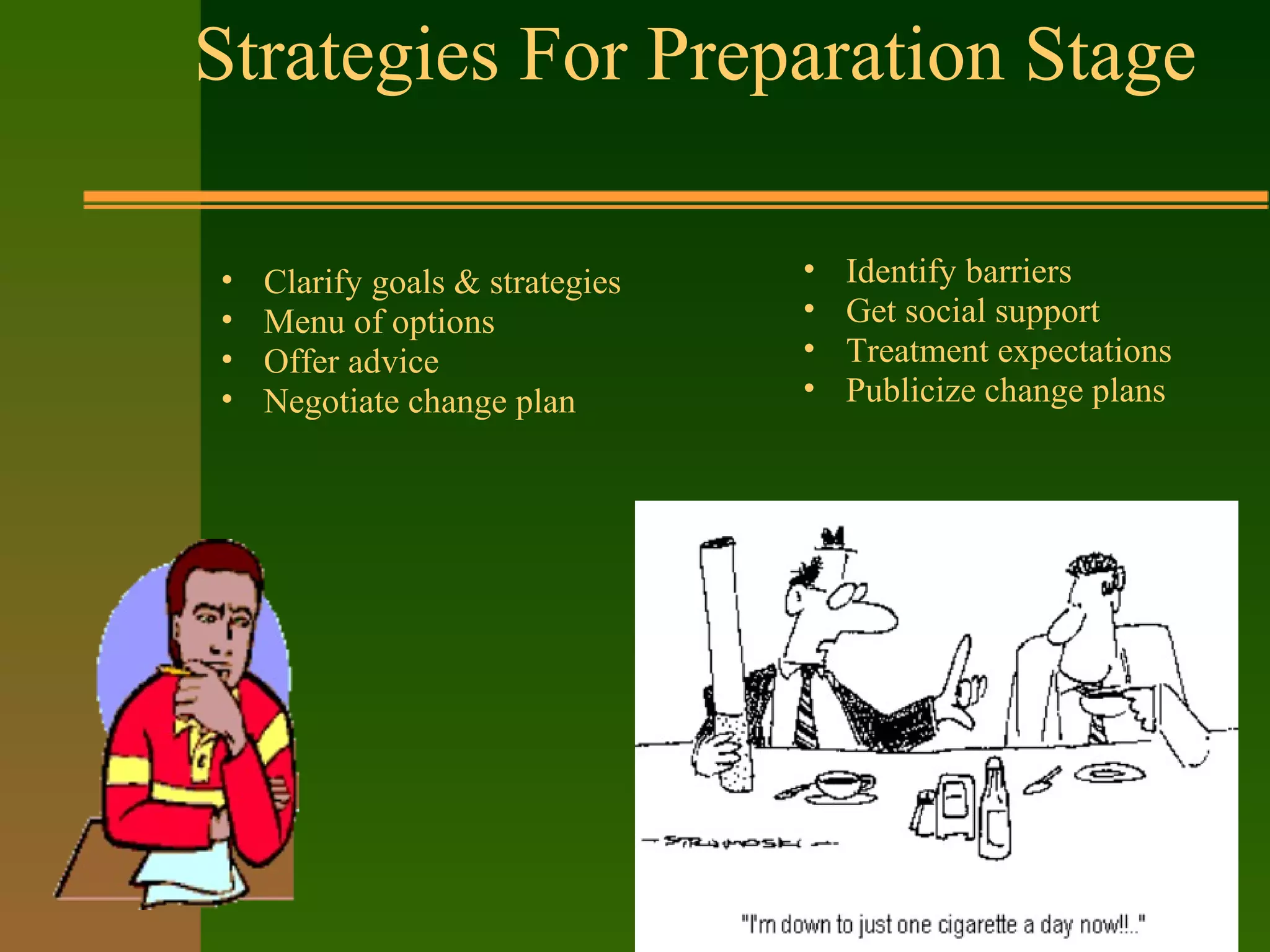 Strategies For Preparation Stage
• Clarify goals & strategies
• Menu of options
• Offer advice
• Negotiate change plan
• Identify barriers
• Get social support
• Treatment expectations
• Publicize change plans
 
