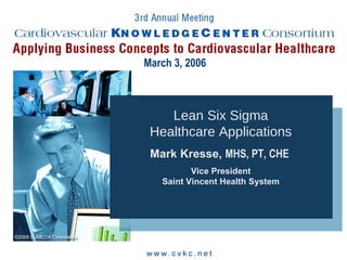 March 3, 2006 Lean Six Sigma Healthcare Applications Mark Kresse,  MHS, PT, CHE   Vice President Saint Vincent Health System 