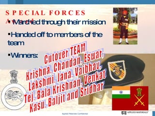 SPECIAL FORCES Award Applied Materials Confidential Marched through their mission Handed off to members of the team Winners: Cutover TEAM Krishna, Chandan, Eswar, Lakshmi, Jana, Vaibhav, Tej, Bala Krishnan, Venkat Kasu, Baljit and Sridhar
