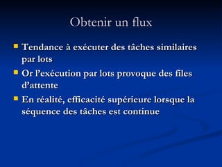 Obtenir un flux Tendance à exécuter des tâches similaires par lots Or l’exécution par lots provoque des files d’attente En réalité, efficacité supérieure lorsque la séquence des tâches est continue 