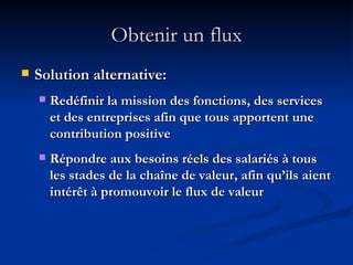 Obtenir un flux Solution alternative: Redéfinir la mission des fonctions, des services et des entreprises afin que tous apportent une contribution positive Répondre aux besoins réels des salariés à tous les stades de la chaîne de valeur, afin qu’ils aient intérêt à promouvoir le flux de valeur 