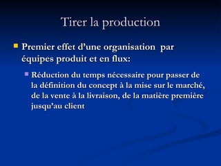 Tirer la production Premier effet d’une organisation  par équipes produit et en flux: Réduction du temps nécessaire pour passer de la définition du concept à la mise sur le marché, de la vente à la livraison, de la matière première jusqu’au client 
