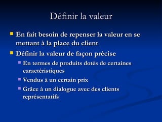 Définir la valeur En fait besoin de repenser la valeur en se mettant à la place du client Définir la valeur de façon précise En termes de produits dotés de certaines caractéristiques Vendus à un certain prix Grâce à un dialogue avec des clients représentatifs 