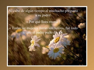 Al cabo de algún tiempo el muchacho preguntó a su padre: « Por qué llora mamá ? « Todas las mujeres lloran sin razón», fué todo lo que el padre pudo decirle . 