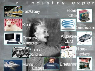 Food/Grocery r Industry experience Home -  Office Home – Hardware Communications Computer  & Accessories Retail  Financial  Services Automotive - OEM Education Entertainment Marine 