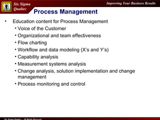 Process Management Education content for Process Management Voice of the Customer Organizational and team effectiveness Flow charting Workflow and data modeling (X’s and Y’s) Capability analysis Measurement systems analysis Change analysis, solution implementation and change management Process monitoring and control 