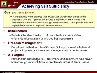 Goal   (Six Sigma System) An enterprise wide strategy that recognizes problematic areas of the business, defines improvement efforts and projects, determines and implements data driven breakthrough level solutions…..in a predictable and repeatable manner to improve business results Achieving Self Sufficiency Initialization Provides the structure for …. A  predictable and repeatable enterprise wide strategy to improve business results Process Management   Provides a method to….Identify potential improvement efforts and projects, improve processes and manage process performance Six Sigma Provides the knowledge to…. Determine and implement data driven breakthrough level solutions to problematic areas of the business 