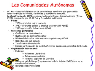 Las Comunidades Autónomas CC.AA .: espacio delimitado de un determinado territorio que posee unas características históricas, culturales y económicas comunes. La Constitución de 1978  crea un estado autonómico, descentralizado (Título VIII): compuesto por 17 CC.AA. y 2 ciudades autónomas. Fases : 1979: estatutos vasco y catalán. 1980: estatutos gallego y andaluz (pactos UCD-PSOE) 1983: aprobación del resto de CC.AA. Problemas principales : Conflictos de competencias Duplicación de administraciones Bilateralidad en las relaciones entre gobierno y CC.AA. Débil función del Senado Insuficiente financiación Escasa participación de las CC.AA. En las decisiones generales del Estado. Organización institucional : Poderes: Asamblea Legislativa Gobierno autonómico Tribunal Superior de Justicia Delegado del Gobierno (representante de la Admón. Del Estado en la comunidad autónoma) Diputaciones provinciales 