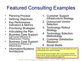 Work-Product Portfolio The following portion of this presentation deck contains samples of work product developed for various clients. w w w . l a d o v e a s s o c i a t e s . c o m 4 1 5 . 7 7 6 . 0 6 1 3 