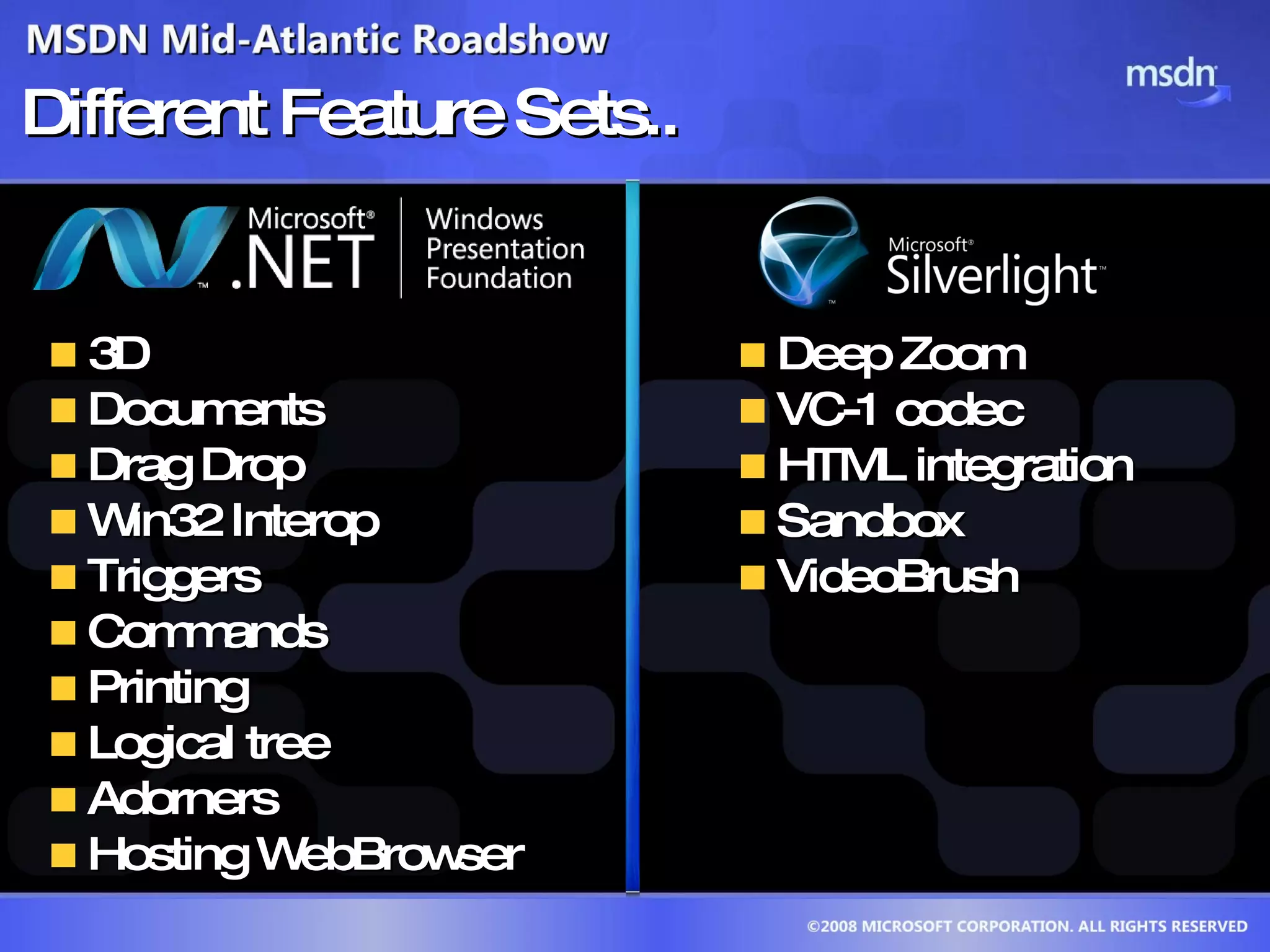 Different Feature Sets..  3D Documents Drag Drop Win32 Interop Triggers  Commands Printing Logical tree Adorners Hosting WebBrowser Deep Zoom VC-1 codec  HTML integration Sandbox  VideoBrush 