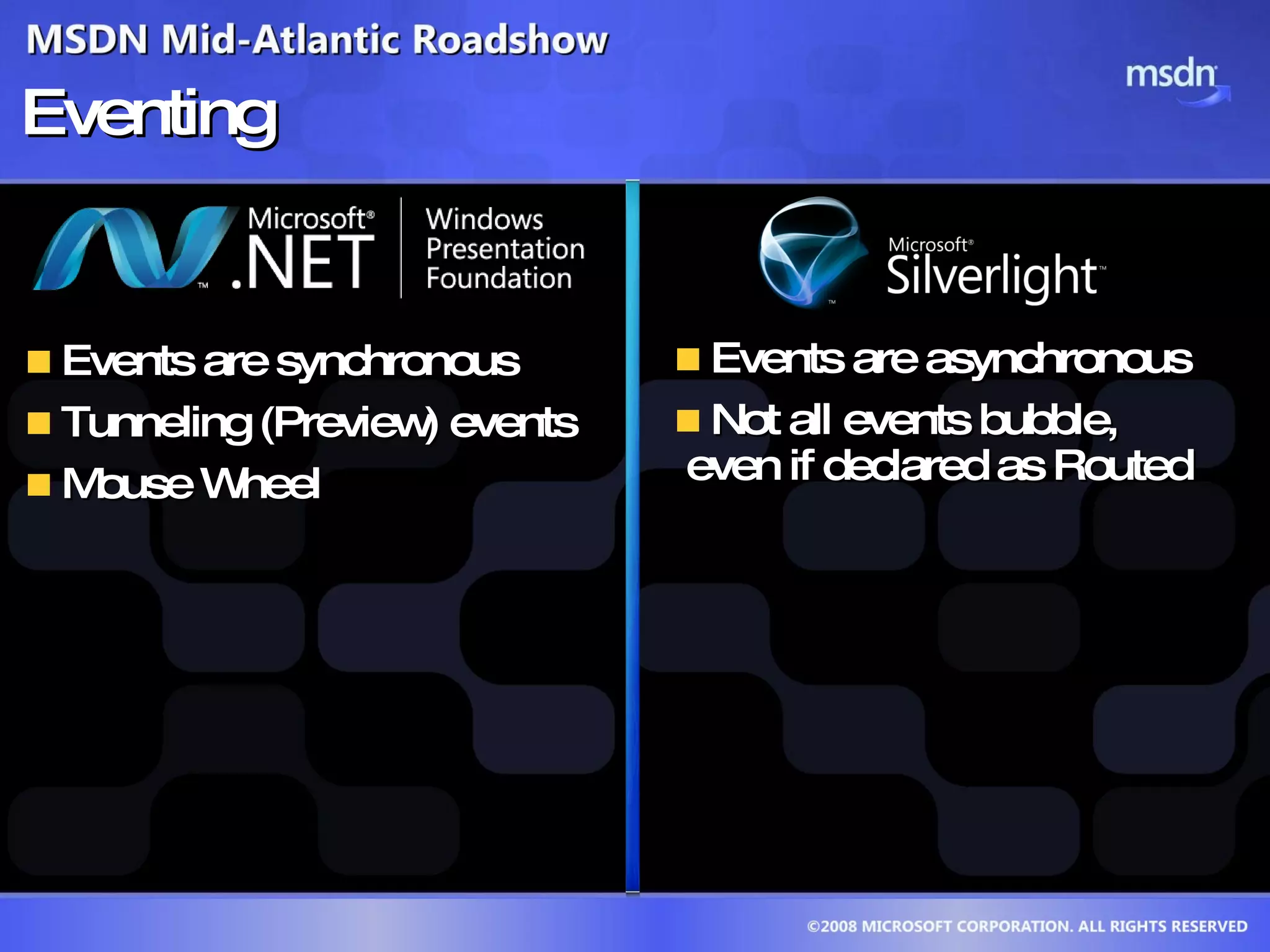 Eventing Events are synchronous Tunneling (Preview) events Mouse Wheel  Events are asynchronous Not all events bubble, even if declared as Routed  