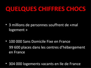QUELQUES CHIFFRES CHOCS 3 millions de personnes souffrent de «mal logement »  100 000 Sans Domicile Fixe en France 99 600 places dans les centres d’hébergement en France 304 000 logements vacants en Ile de France 