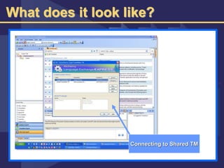 What does it look like?
Connecting to Shared TM
 