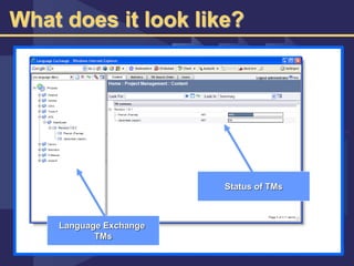 What does it look like?
Language Exchange
TMs
Status of TMs
 