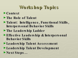 Workshop Topics Context The Role of Talent Talent:  Intelligence, Functional Skills, Interpersonal Behavior Skills The Leadership Ladder Effective Leadership & Interpersonal Behavior Skills Leadership Talent Assessment Leadership Talent Development Next Steps… 