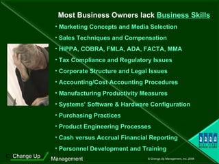 Most Business Owners lack  Business Skills Marketing Concepts and Media Selection Sales Techniques and Compensation HIPPA, COBRA, FMLA, ADA, FACTA, MMA Tax Compliance and Regulatory Issues Corporate Structure and Legal Issues Accounting/Cost Accounting Procedures Manufacturing Productivity Measures Systems’ Software & Hardware Configuration Purchasing Practices Product Engineering Processes Cash versus Accrual Financial Reporting Personnel Development and Training 