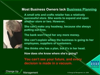 Most Business Owners lack  Business Planning A small arts and crafts retailer has a relatively successful store. She wants to expand and open another store or two. However,  She can’t make any headway, because she always putting out fires. The bank won’t lend her any more money. She can’t explain where the business is going to her employees, suppliers or customers. She thinks she has a plan, but it’s in her head.  How does she know where she’s going?  You can’t see your future, and every  decision is made in a vacuum.  
