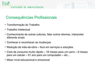 Consequ ências Profissionais Transformação do Trabalho Trabalho Intelectual Conhecimento de outras culturas, falar outros idiomas, interpretar diferente sinais Conhecer e reconhecer as mudanças Redução da mão-de-obra – foco em serviços e soluções Ciclo de consumo muito rápido – 18 meses para um carro – 8 meses para um celular – 01 ano para um computador – etc… Maior nível educacional e emocional 