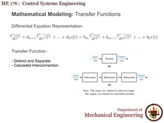 Mathematical Modeling: Transfer Functions
Differential Equation Representation:
Transfer Function :
- Distinct and Separate
- Cascaded Interconnection
Department of
Mechanical Engineering
 