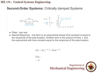 Second-Order Systems: Critically damped Systems
Poles : two real.
Natural Response : one term is an exponential whose time constant is equal to
the reciprocal of the pole location. Another term is the product of time, t, and
the exponential with time constant equal to the reciprocal of the pole location:
Department of
Mechanical Engineering
 