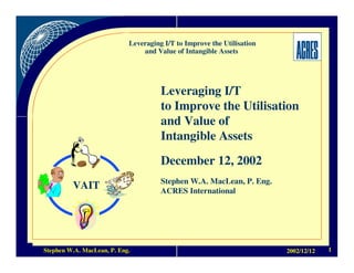 Leveraging I/T to Improve the Utilisation
                                and Value of Intangible Assets




                                      Leveraging I/T
                                      to Improve the Utilisation
                                      and Value of
                                      Intangible Assets
                                      December 12, 2002
                                      Stephen W.A. MacLean, P. Eng.
         VAIT                         ACRES International




06/12/2008
                                                                                     1
Stephen W.A. MacLean, P. Eng.                                           2002/12/12
 