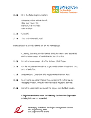 "Leveraging SP for PM Workbook" for SPTech Conference at SFO