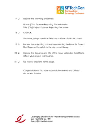 "Leveraging SP for PM Workbook" for SPTech Conference at SFO