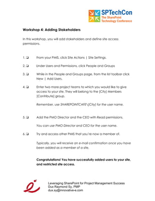 "Leveraging SP for PM Workbook" for SPTech Conference at SFO