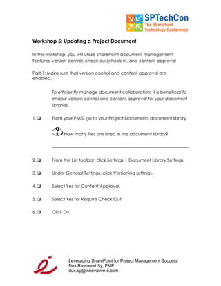 "Leveraging SP for PM Workbook" for SPTech Conference at SFO