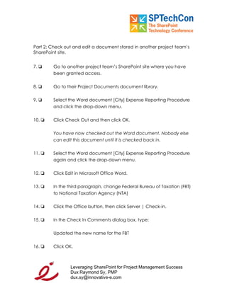 "Leveraging SP for PM Workbook" for SPTech Conference at SFO