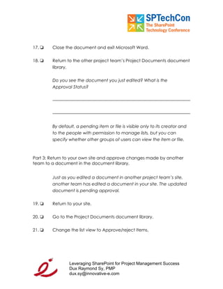 "Leveraging SP for PM Workbook" for SPTech Conference at SFO