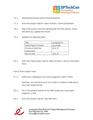 "Leveraging SP for PM Workbook" for SPTech Conference at SFO