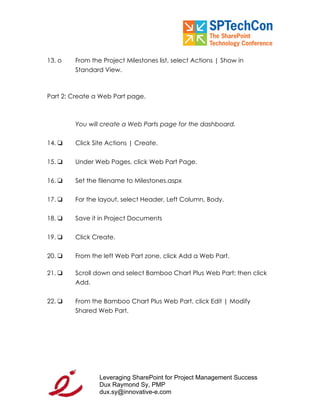 "Leveraging SP for PM Workbook" for SPTech Conference at SFO