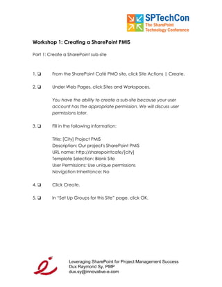 "Leveraging SP for PM Workbook" for SPTech Conference at SFO