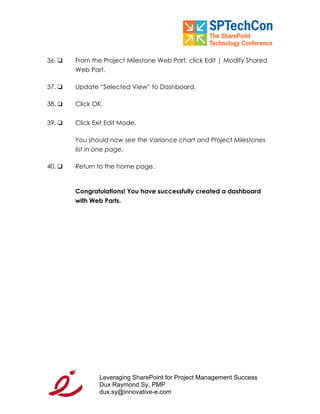 "Leveraging SP for PM Workbook" for SPTech Conference at SFO