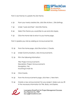 "Leveraging SP for PM Workbook" for SPTech Conference at SFO