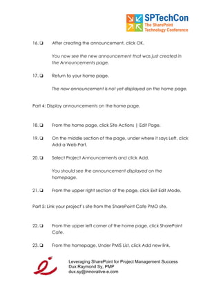 "Leveraging SP for PM Workbook" for SPTech Conference at SFO